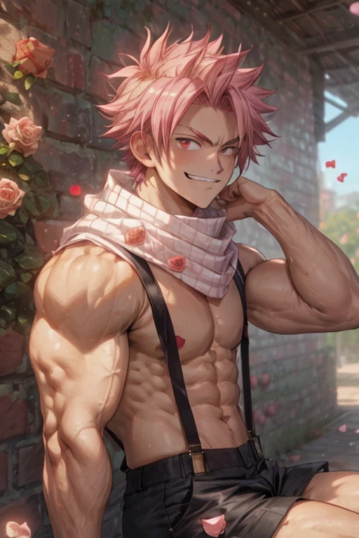 Dynamic angle, masterpiece, best quality red eyes, game cg, 1boy, adult male solo, male focus, looking at viewer smirking, upper body flexing muscles, Natsu Dragneel natsu_dragneel, pink hair, red eyes, wearing suspenders , toned muscle, pectorals, 8 abs, toned legs, slightly bulged, rose bushes background, detailed, spotlight, well lit, ((white scarf:1.1 )) ((rose petals:1.5))