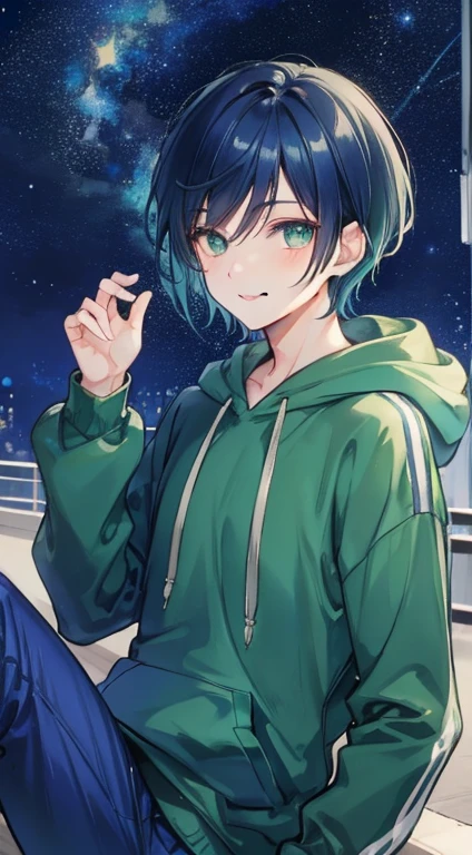 One young man, dark blue hair and green eyes, sharp short hair, hoodie and long pants, I'm under a starry sky, smiling refreshingly