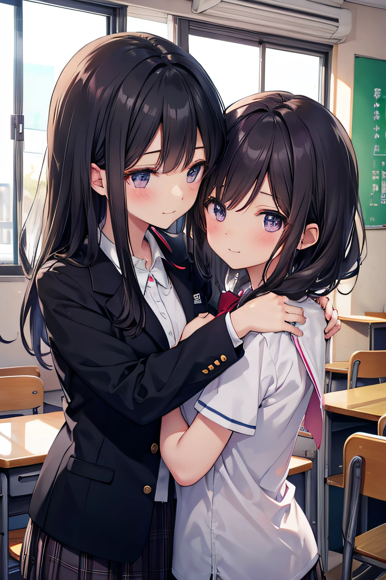 embracing each other beautiful Girl stare 校服 Classroom A dark-haired