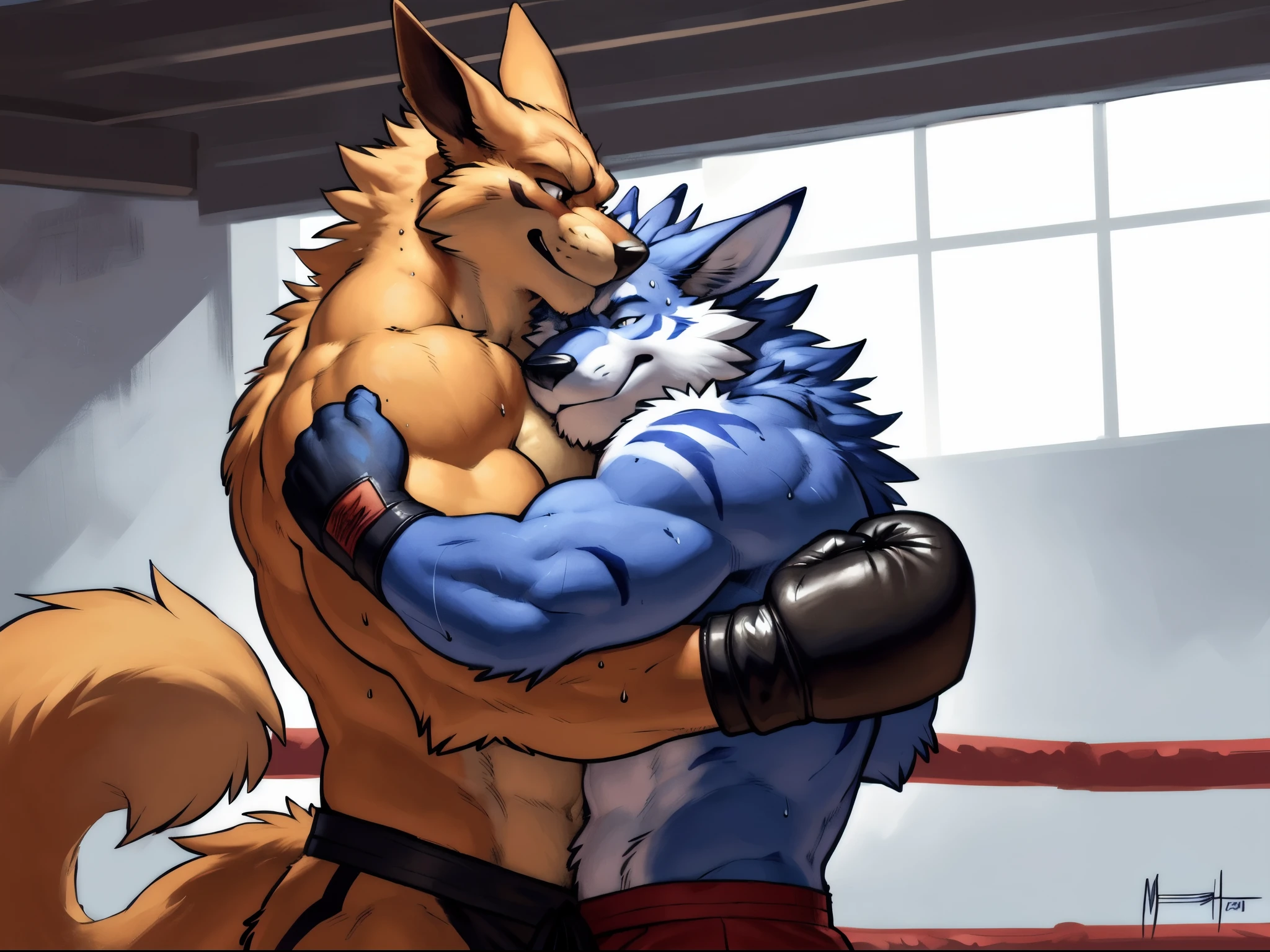 (ultra quality):1.4,color, smooth comics style, (by takemoto arashi, by meesh, by Taran Fiddler), two characters, kurama:1.2 and weregarurumon:1.2 boxing, muscles:1, athletic build, abs, correct anatomy, anime martial arts, sweat:1, sweat dripping, strong:1 masculine, boxing ring, fighting:1 scene, (embracing, clinch, embrace, hug, grip, struggle):1.4, wearing boxing gloves, detailed boxing gloves