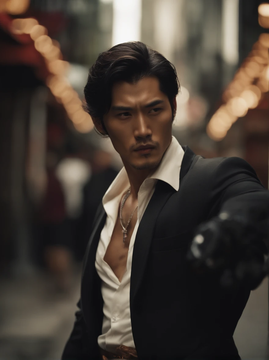 create an image of a handsome japanese man, good looking, elegant, brutal, fierce, intimidating, dressed in mafia style, taking off his shirt, has tattoos, standing holding a blood-stained knife, smoking a cigarette. there is a mafia corpse on the ground in front. standing in the middle of a street in tokyo. 70's movie style