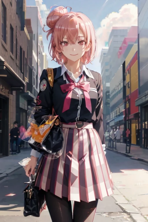 Art by Cornflower, Dreamy,
((masutepiece, Best Quality:1.4), Looking at Viewer, Cowboy Shot, Smile, crass room, Yui Yuigahama, Pink hair, Short hair, side hair bun, Pink eyes, medium breasts, School uniform, Blazer, Black Blazer, White shirt, Red Ribbon, plaid skirts, Outdoors, Street, Blurry_Background )，Black tights