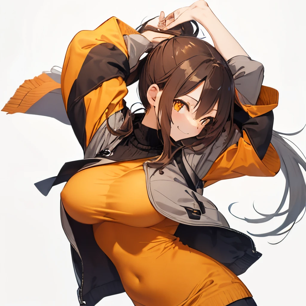 【Highest Quality, masutepiece】 [girl, Manteau, expressioness,deep orange eyes, front facing,dark brown hair,long ponytail hair,yellow knit cloth, Happy, Upper body] (Gray white background:1.2),very happy smile,boobs,