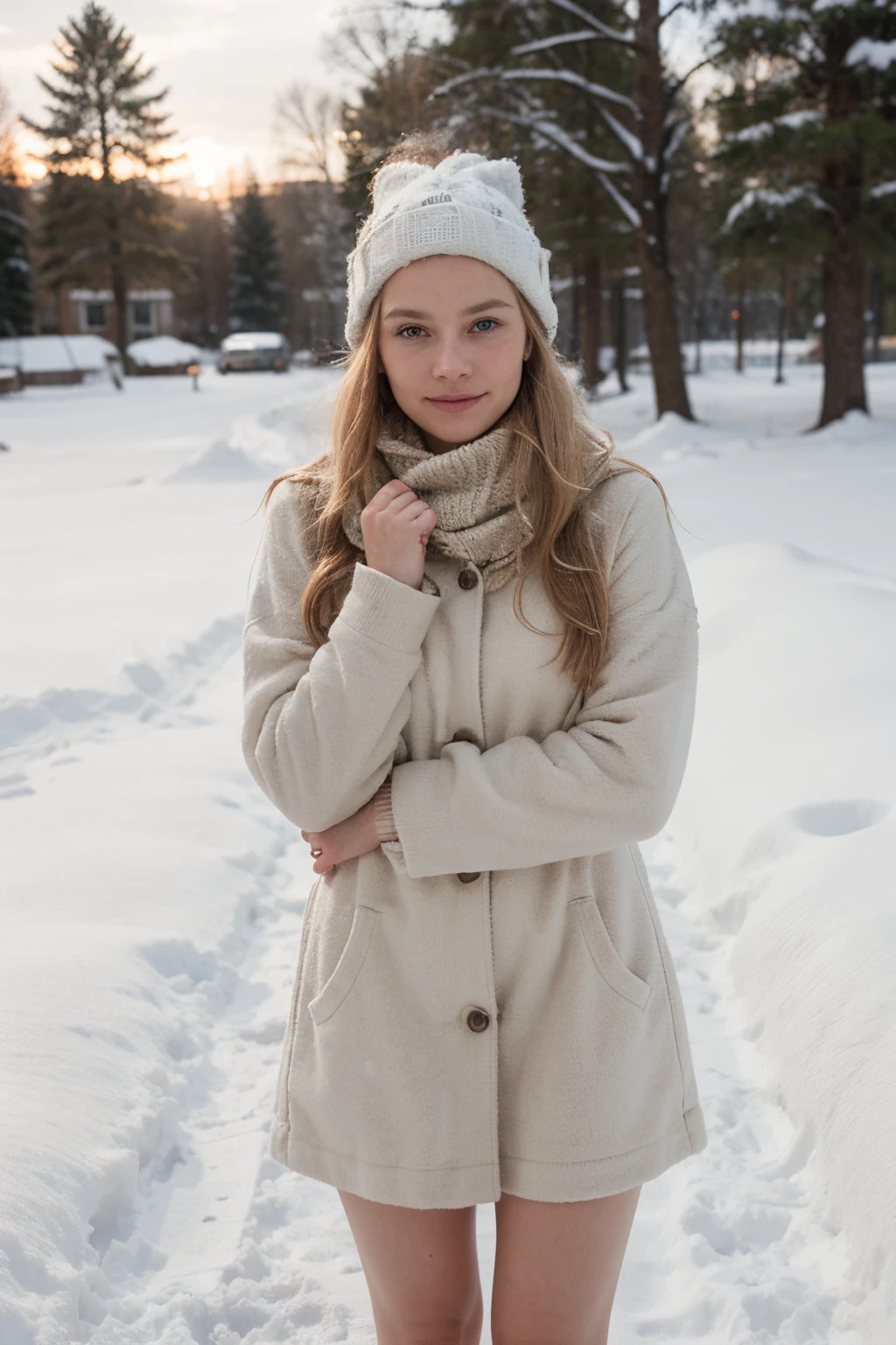 Blonde Swedish woman wearing a winter dress in a winter environment right after sunrise, much snow, other people