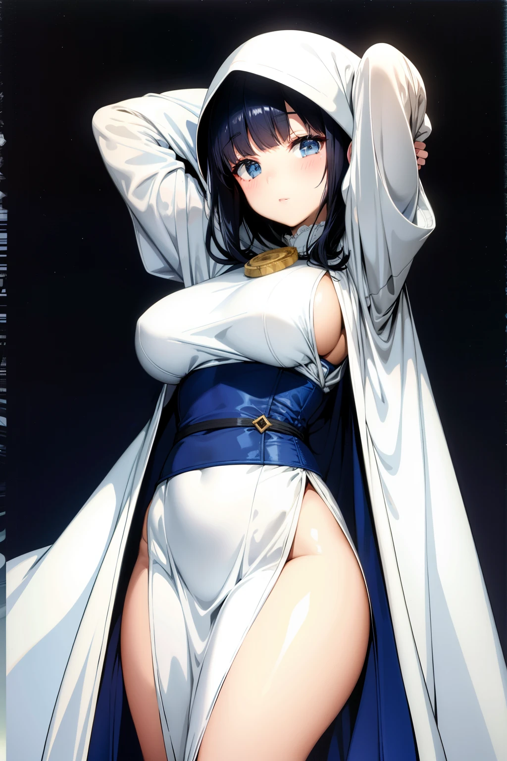 Cute girl, short dark blue hair, long white robe covering her head, Big breasts, desert