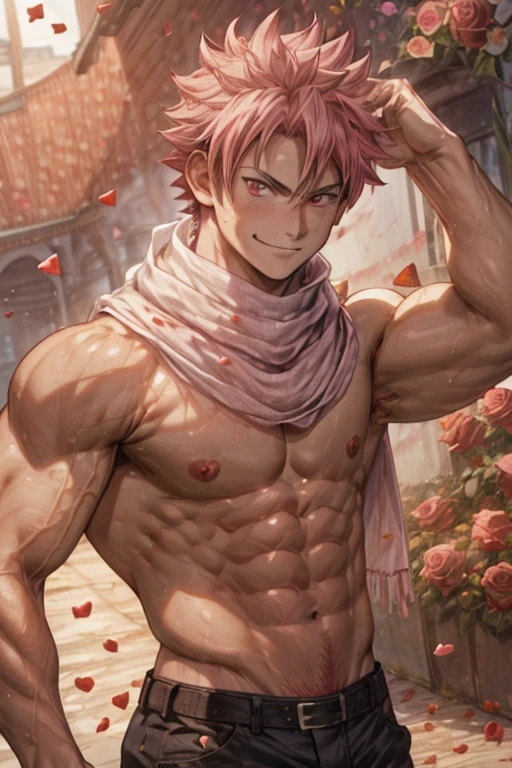 Dynamic angle, masterpiece, best quality red eyes, game cg, 1boy, adult male solo, male focus, looking at viewer smirking, upper body flexing muscles, Natsu Dragneel natsu_dragneel, pink hair, red eyes, (sleeveless shirt) , toned muscle, pectorals, 8 abs, toned legs, slightly bulged, rose bushes background, detailed, spotlight, well lit, ((white scarf:1.1 )) ((rose petals:1.5))