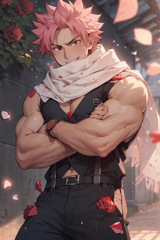 Dynamic angle, masterpiece, best quality red eyes, game cg, 1boy, adult male solo, male focus, looking at viewer smirking, upper body flexing muscles, Natsu Dragneel natsu_dragneel, pink hair, red eyes, wearing suspenders , toned muscle, pectorals, 8 abs, toned legs, slightly bulged, rose bushes background, detailed, spotlight, well lit, ((white scarf:1.1 )) ((rose petals:1.5))