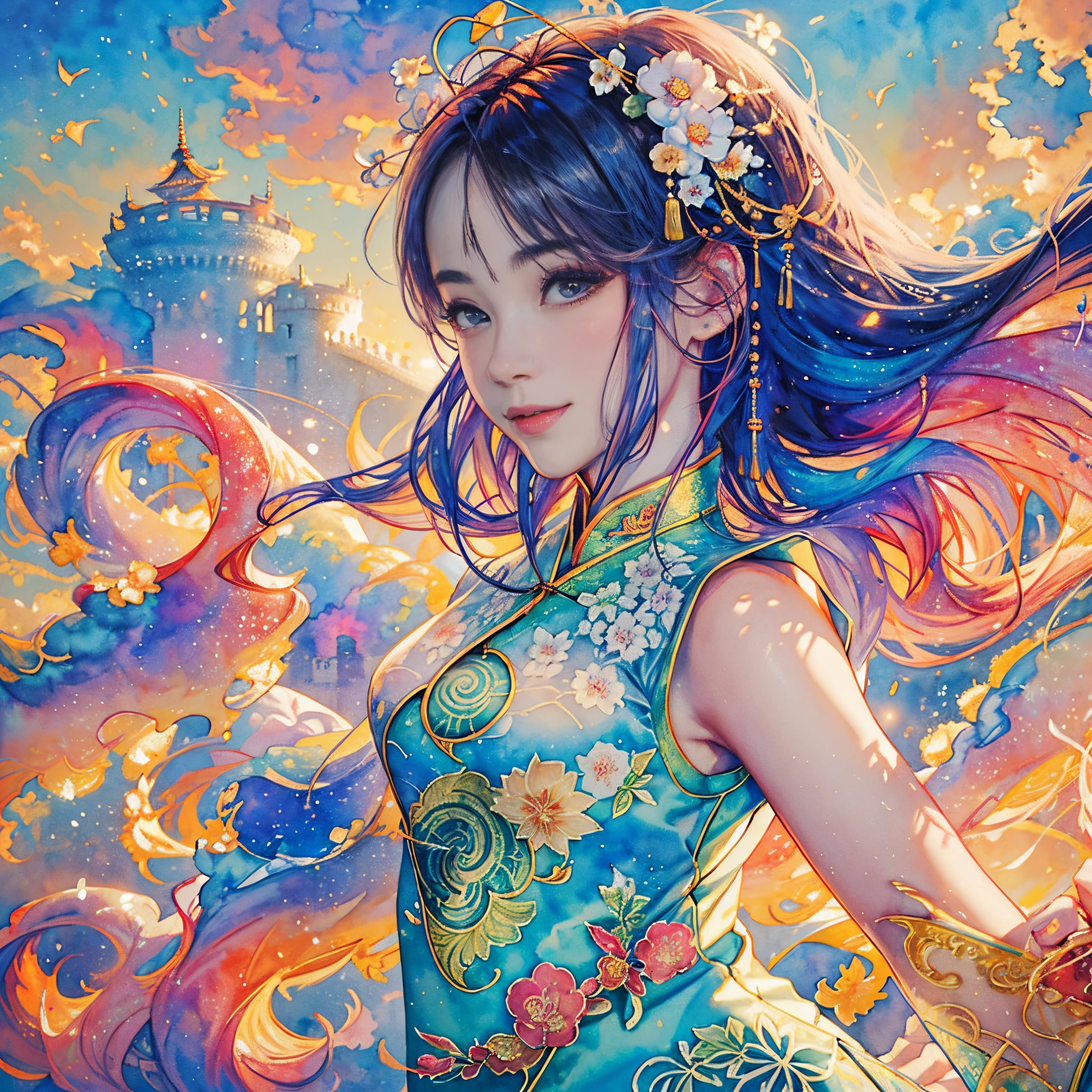 8K,masterpiece,top-quality ,Dynamic Pose,Castles in China,Beautiful woman at 30 years old,Portrait, light, Long hair, ssmile, watercolor paiting \(Medium\),watercolor paiting,(Cheongsam that adheres to the body:1.3)