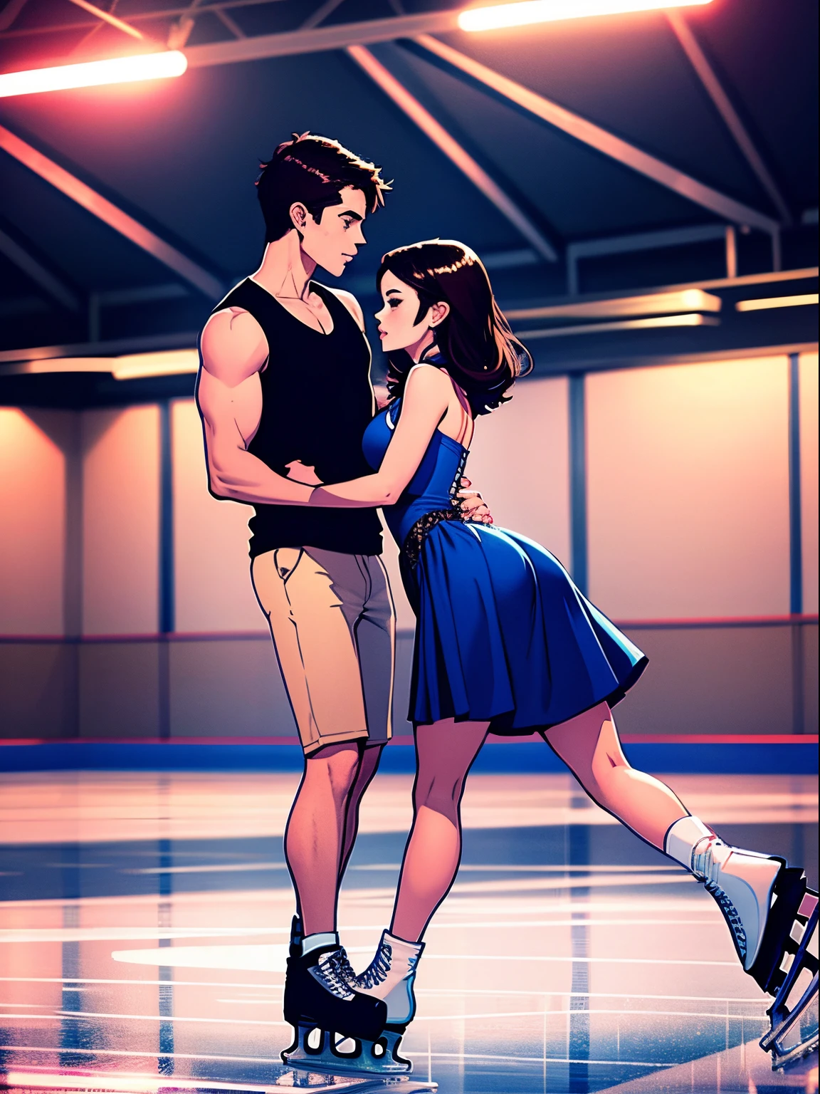 couple inside of ice skating rink, brunette girl
