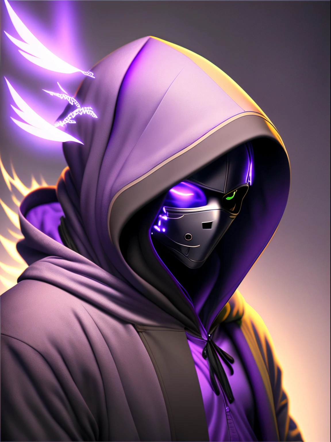 Man in black and purple 3 set suit, with 2 wings around the face, and glow eyes, face covered by hood