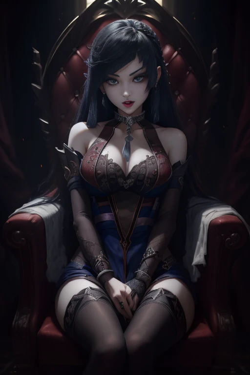 Vampire Girl , Masterpiece, ,(独奏:1.1), a perfect face, (vivid lighting:1.2),beautiful detail eyes, extremely detailed face, perfect  lighting,Masterpiece, Best Quality, 1girl, pale skin, hairlong, 20years old , red eyes, fangs, A glass of blood in his hand, Complex hairstyle, vampire fangs, open mouth, sharp teeth, vampire fangs, in full height , seductive position, Blood Magic, Sitting on a throne,extremely detailed face, perfect  lighting, extremely detailed CGI, (perfect arms, perfect anatomy),
