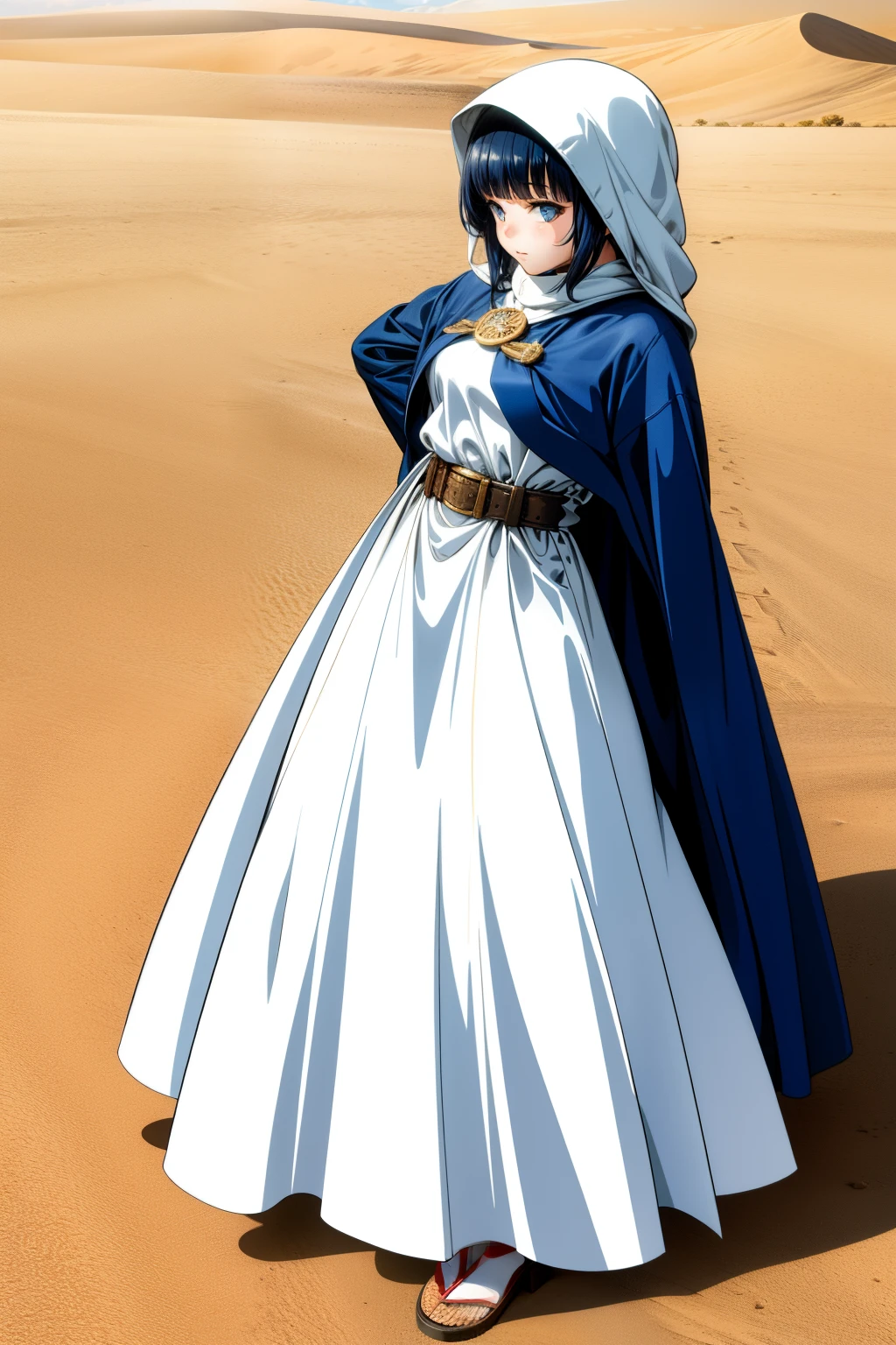 Cute girl, short dark blue hair, long white robe covering her head, Adult girl, desert, In the desert