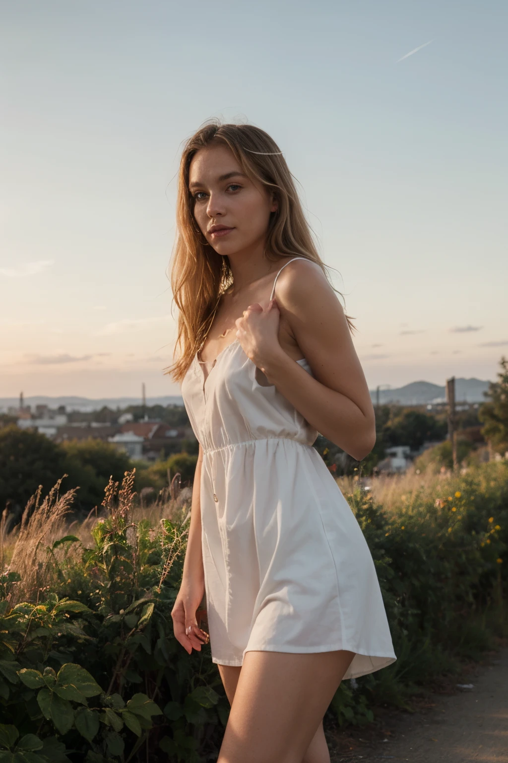Blonde Swedish woman wearing a summer dress in a summer environment right after sunset