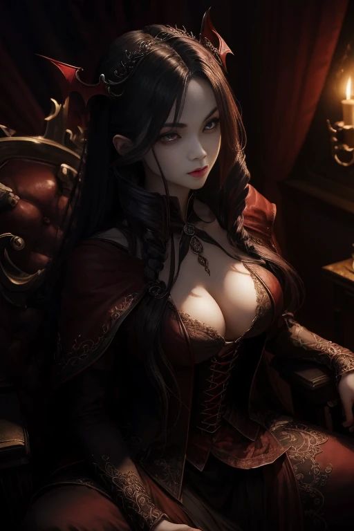 Vampire Girl , Masterpiece, ,(独奏:1.1), a perfect face, (vivid lighting:1.2),beautiful detail eyes, extremely detailed face, perfect lighting,Masterpiece, Best Quality, 1girl, pale skin, hairlong, 20years old , red eyes, fangs, A glass of blood in his hand, Complex hairstyle, vampire fangs, open mouth, sharp teeth, vampire fangs, in full height , seductive position, Blood Magic, Sitting on a throne,extremely detailed face, perfect lighting, extremely detailed CGI, (perfect arms, perfect anatomy),