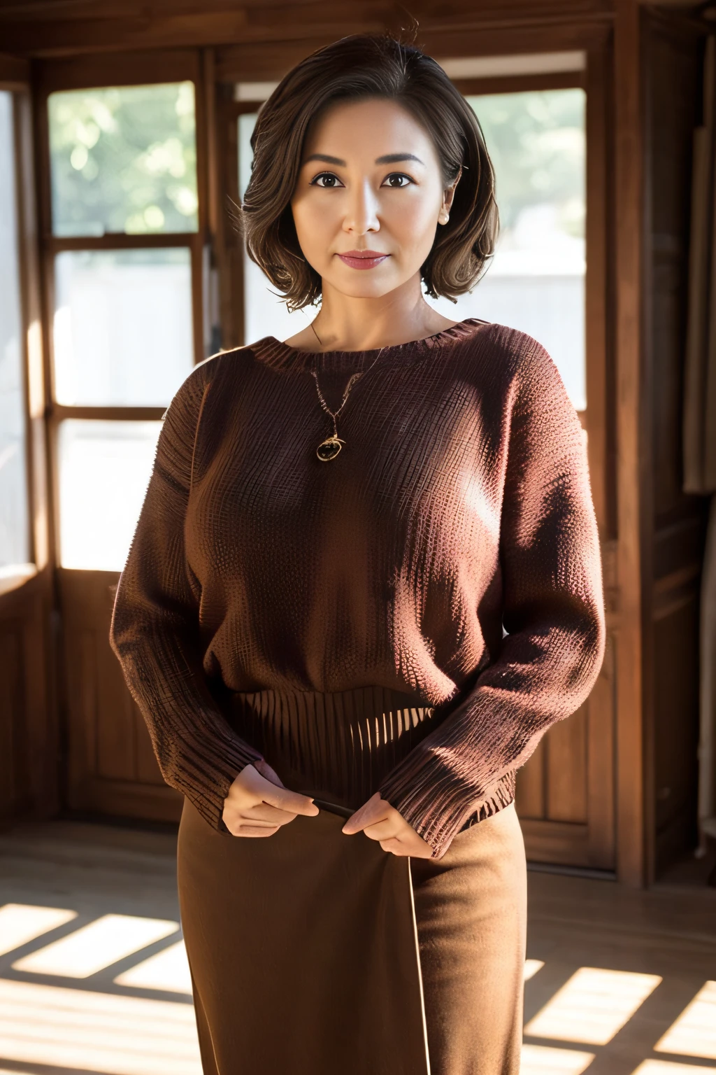 top-quality, ​masterpiece, hight resolution, Photorealsitic, profetional lighting, ighly detailed, depth of fields, ((beautiful mature lady)), ((30-years old)), Female ????, ‎Classroom, ((Sweaters, skirt by the)), Detailed face, beautidful eyes, bangss, ????????????? of good shape, Light Brown Straight Hair, Faint lips, ((Stand forward、gazing at viewer, Serious face)), cowboy  shot, sharp,