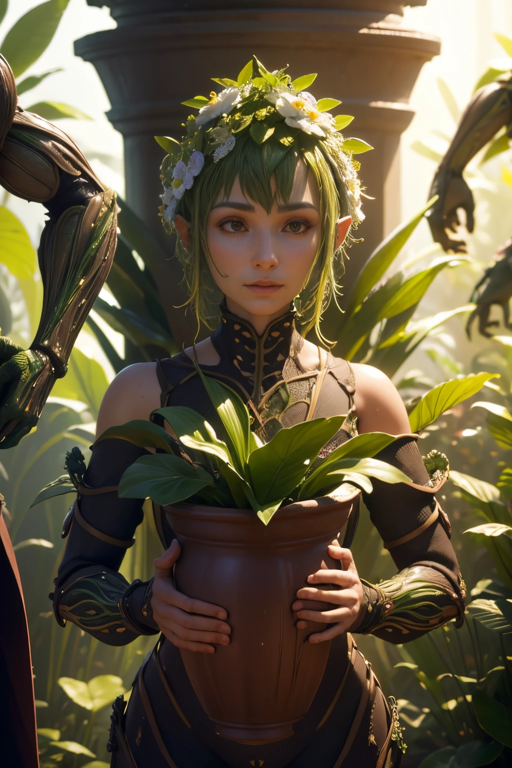extremely detailed CG, cinematic lighting, 
fantasy plant humanoid with flowers, 
in plant body pitcher plant, (meta humans:1.9), 
8k rende, unreal engine,