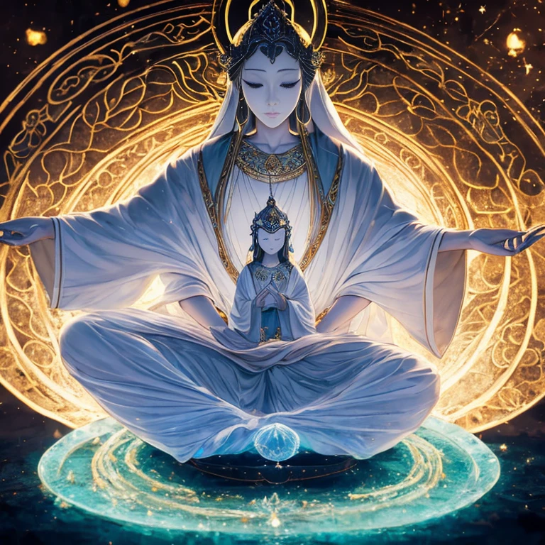 Infinite Void Kannon Bosatsu and Jizo Bosatsu,realistic,highres,Ultra-detailed,best quality:1.2,ethereal light,Vivid colors,portraits,serene atmosphere,subtle textures,sculpted representation,soft focus,spiritual connection,tranquil expressions,delicate features,ethereal beings,sacred space,harmonious composition,divine presence,heavenly aura,sacred treasures,sublime beauty,gentle glow,transcendental peace,serene backdrop,healing energy,transcendent spirituality,serene stillness,calming vibrations,illuminated faces,divine enlightenment,glowing halos,delicate drapery,captivating gaze,sublime tranquility,serene garden,soulful gazes,eternal wisdom,gentle presence,benevolent spirits,dreamlike ambiance,universal harmony,sacred journey,serenity in eternity,illuminated path.