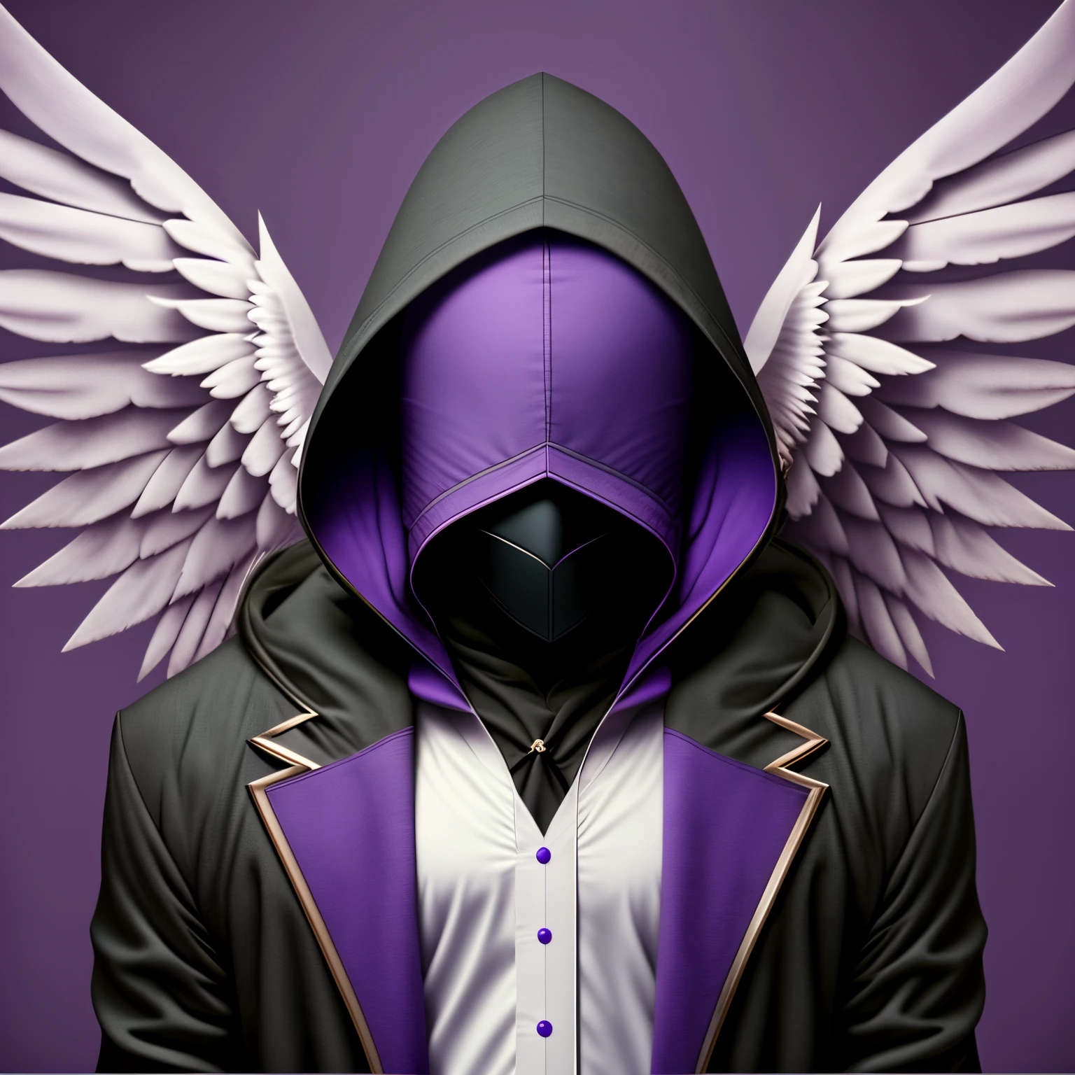 Man in black and purple 3 set suit, with 2 wings around the face, face covered by hood