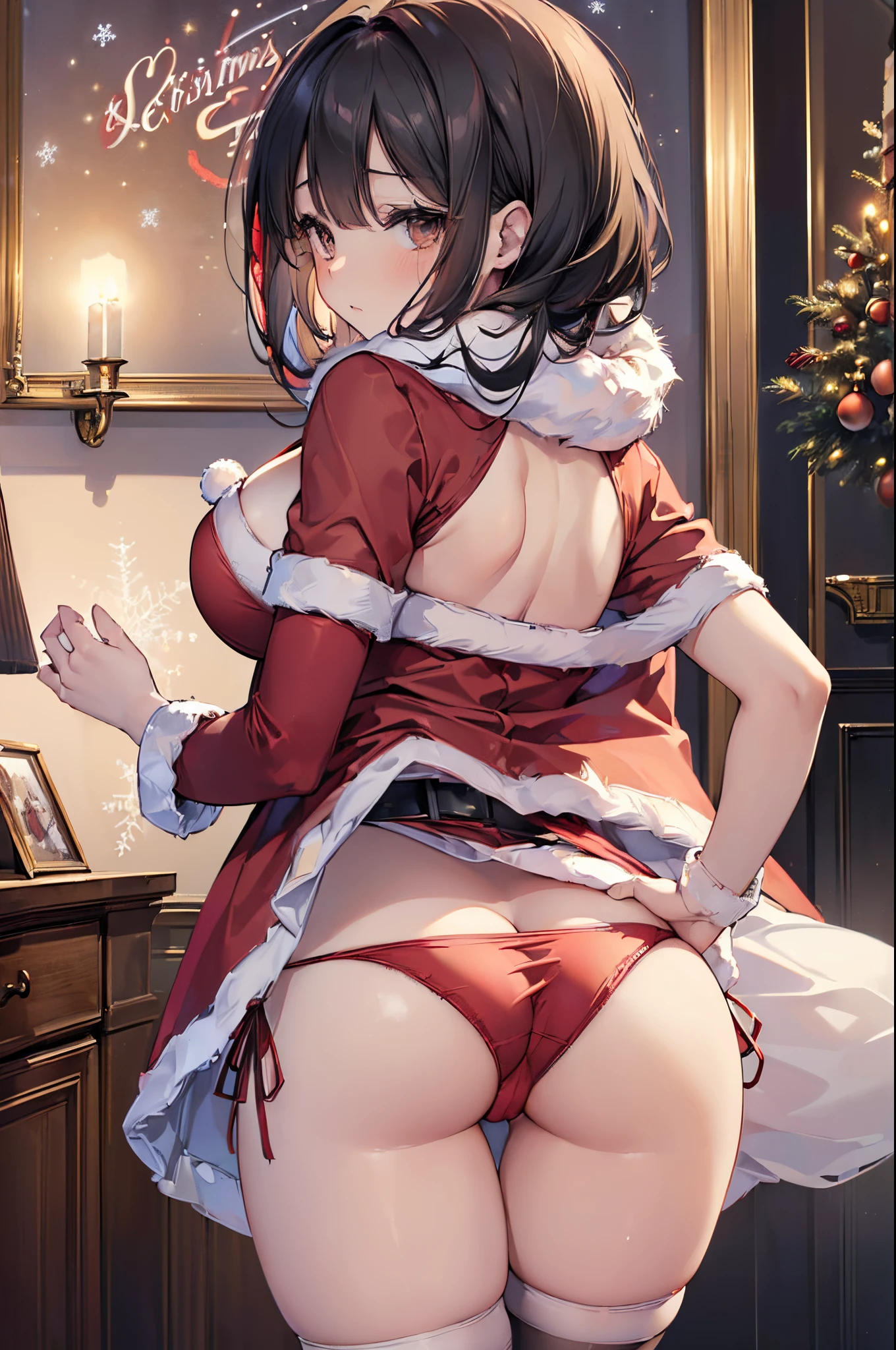 (Masterpiece:1.5), (Best Quality:1.5), 8K, high image quality,(super detail:1.3),(Ultra detailed backgrounds,delicate patterns,Complicated details)),mikasa ackerman, (adult:1.4) ,solo,(red muffler:1.4),(large breasts:1.4),(santa_dress:1.4),(ass:1.3),(Bare hands:1.3), (black eyes:1.4), (bright eyes:1.4),(high quality eyes:1.4),(christmas mood background),(indoor),(night),((turn red_face)),(sexy:1.4),(small_face),(standing)(bent_over:1.4),(tight)(christmas_stocking:1.2),(from_behind:1.4),(red_panties:1.4)