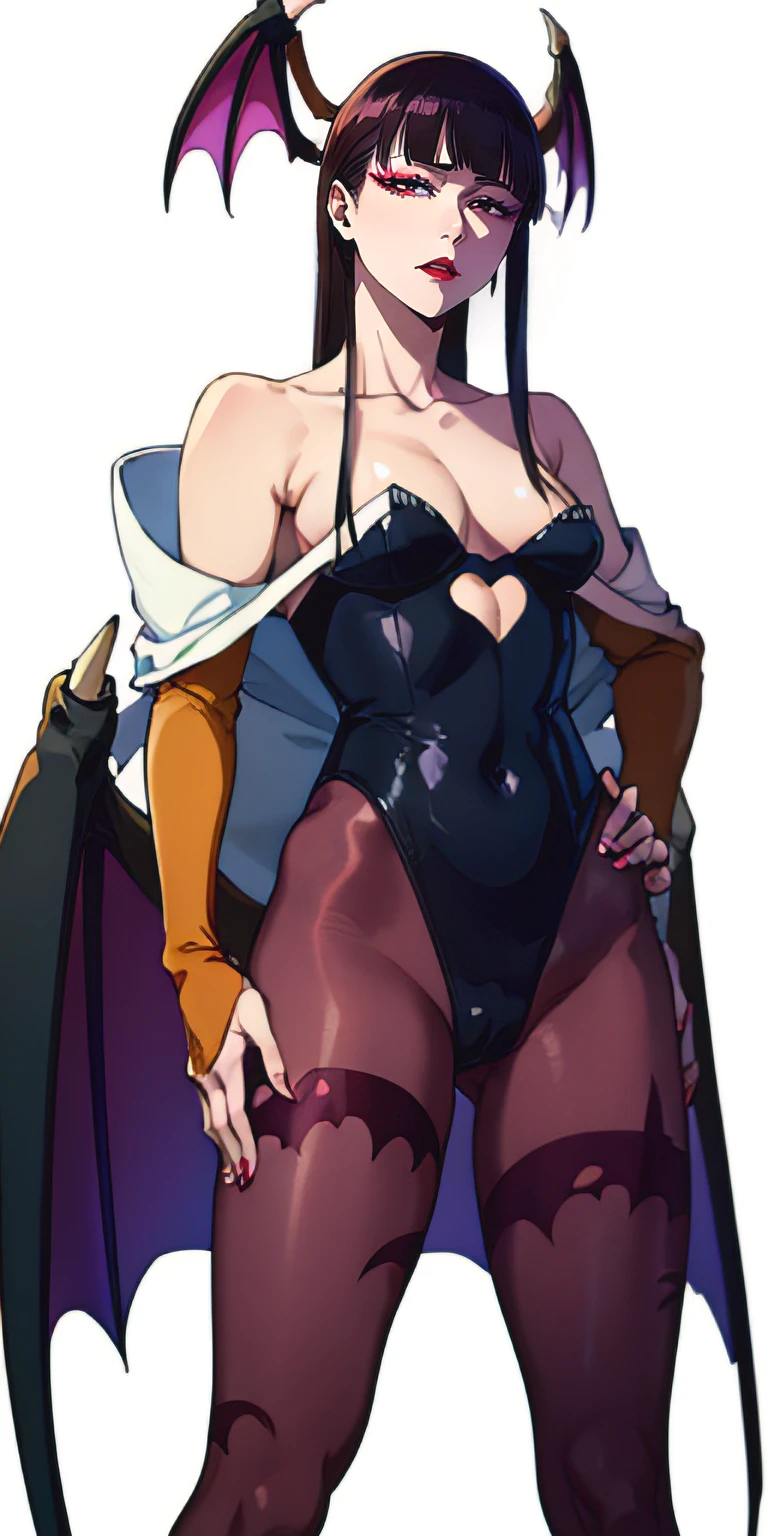anatomically correct, best quality, masterpiece, high quality, high details, highres, HD, (shaded face:1.2), hollow eyes, red eyes, looking at viewer, heavy breathing, makeup, lipstick, red lipstick, expressionless, senjumaru shutara, long hair, bangs, blunt bangs, black hair, sidelocks, (black eyes:1.5), highleg leotard, print pantyhose, bat print, head wings, bat wings, bridal gauntlets, standing, hands on hips, upper body, caustic,