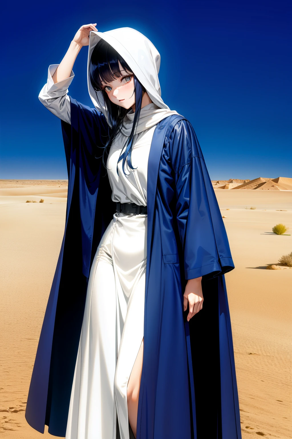 Cute girl, short dark blue hair, long white robe covering her head, Adult girl, desert, In the desert