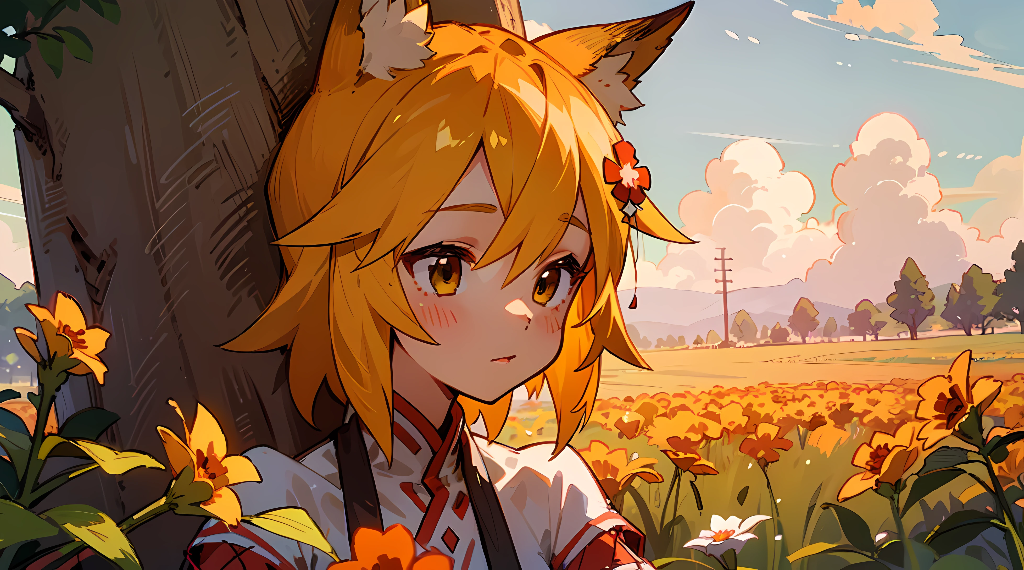 A girl, Fox ears, field, Orange flowers. Super detailed, Detailed ears, Detail Eyes, Girls 4K, Detailed flowers, beautiful clouds, detailed blocks, Beautiful trees, trees in the background, Detailed trees, Girl close-up, body