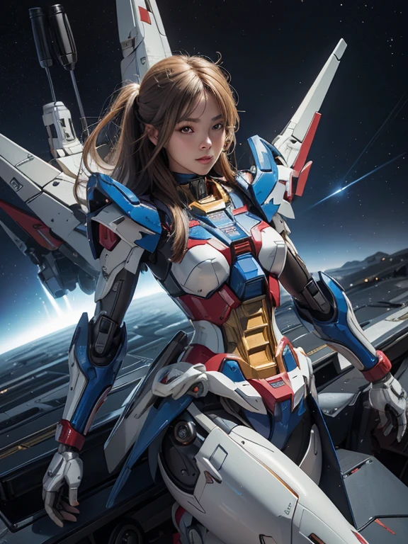Textured skin, Super Detail, high details, High quality, Best Quality, hight resolution, 1080p, Gorgeous beauty,Girl with Beautiful Mecha Body,(Gundam) ,Girl with robot body,low angles,Fulll body Shot