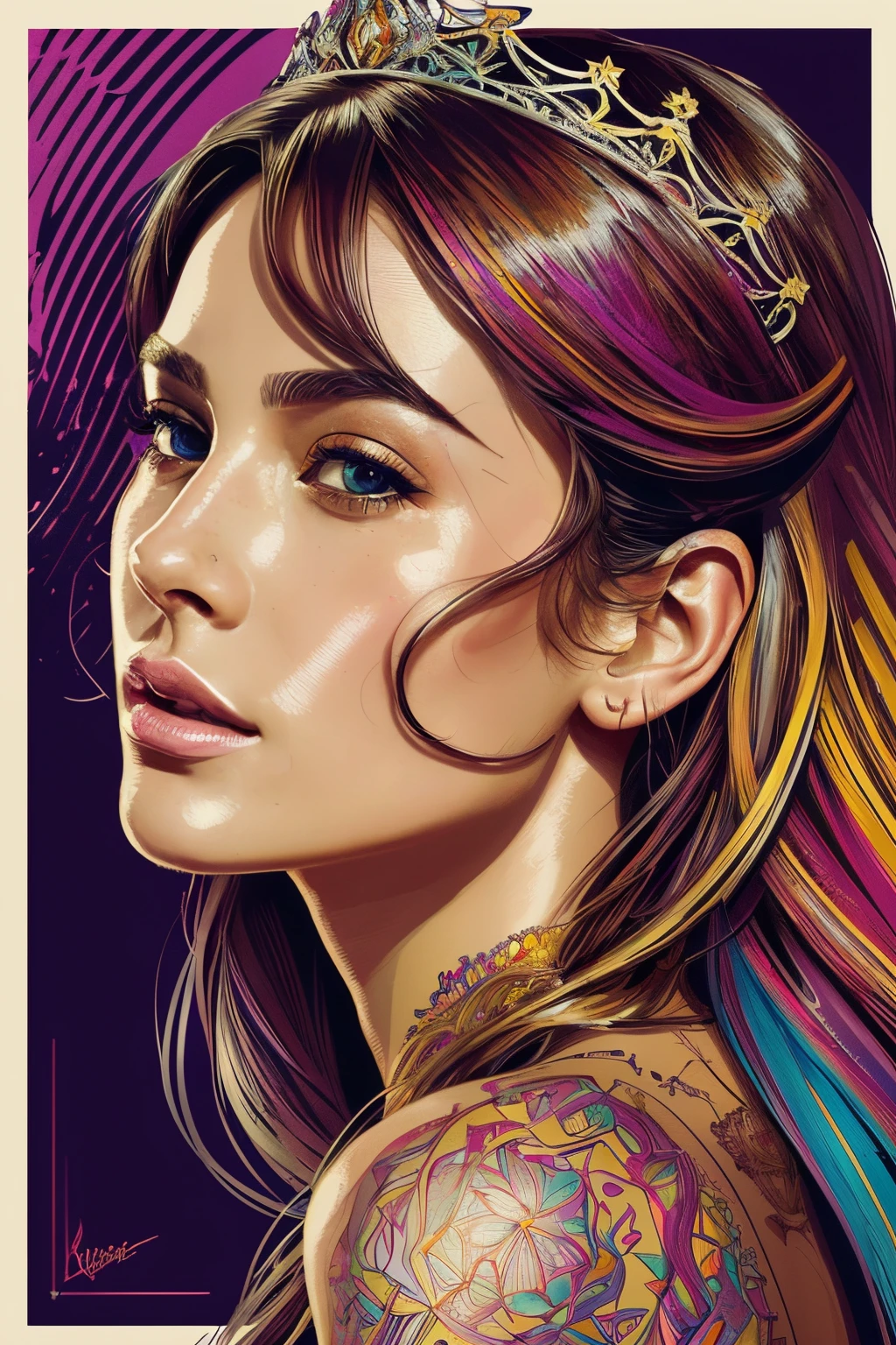 Highly detailed, High Quality, Masterpiece, beautiful, FISideRight cafe, right side angle, 1girl, solo, ((best quality)), ((masterpiece)), (detailed), perfect face, abstract beauty, Create a digital art work in pop art style, luxury elegance bold with hint of feminine, happy & youthful, authentic, brave, princess wearing crown, purple and gold, centered, key visual, intricate, highly detailed, breathtaking beauty, precise lineart, vibrant, comprehensive cinematic, Carne Griffiths, Conrad Roset, vector art, Colorful graffiti illustration, (the most beautiful portrait in the world:1.5)