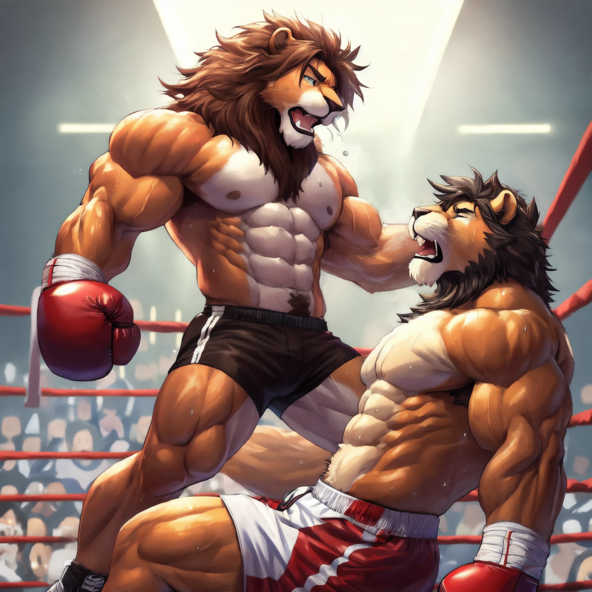 (masterpiece, ultra quality) anthro lion fighters struggling in the boxing ring, detailed muscles, detailed open eyes, exhausted, sweat