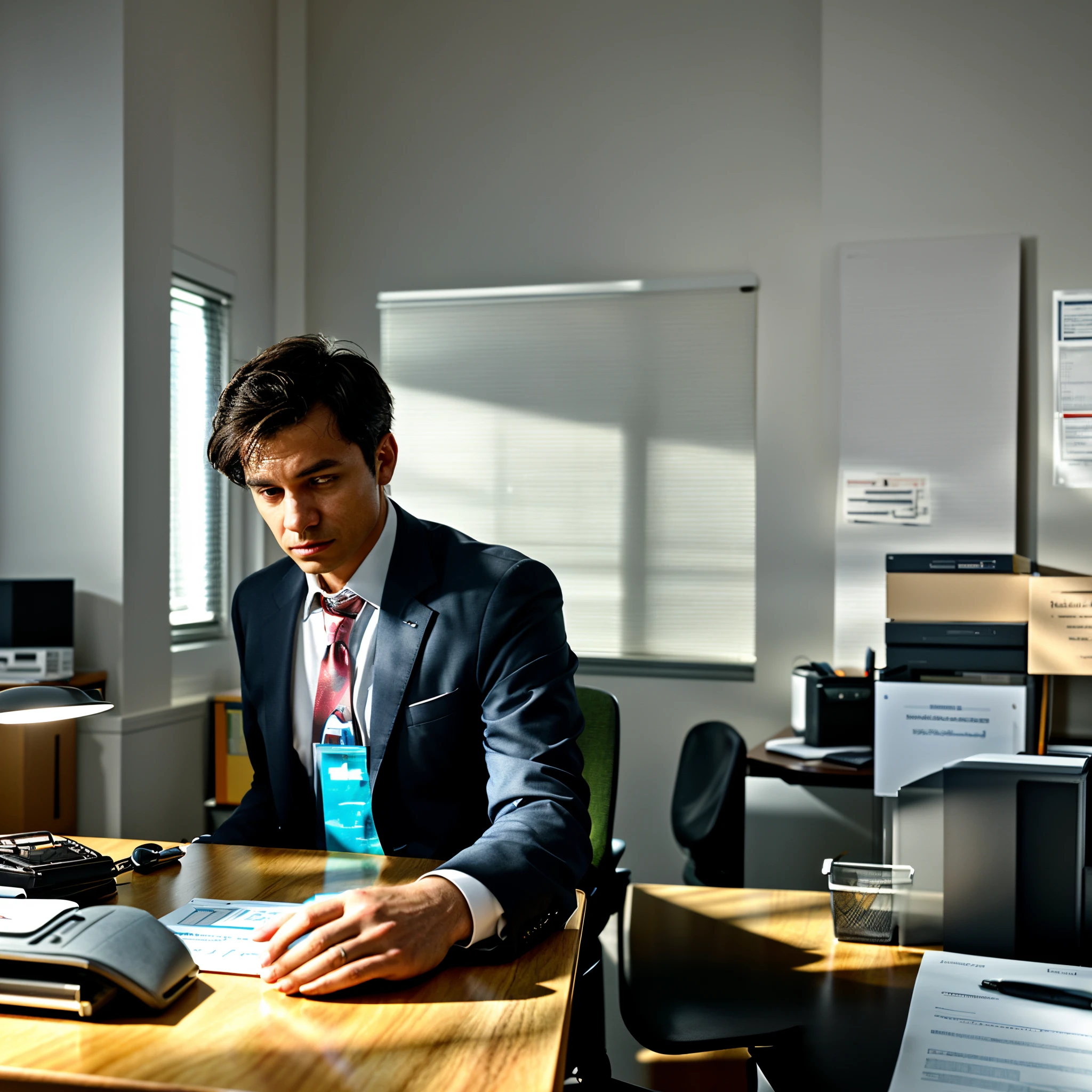 "Immersive scene: A diligent man engaged in focused work within a contemporary office space. Natural lighting enhances the realistic atmosphere. The office desk is organized with a computer, paperwork, and office supplies. The man, wearing professional attire, displays a composed demeanor. Subtle shadows and details accentuate the authenticity of the scene, capturing the essence of a productive work environment."