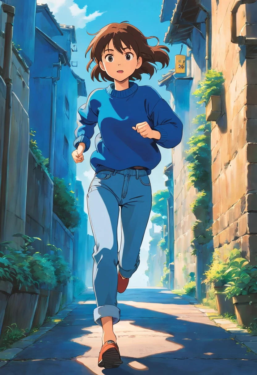 Girl in blue sweater running in jeans