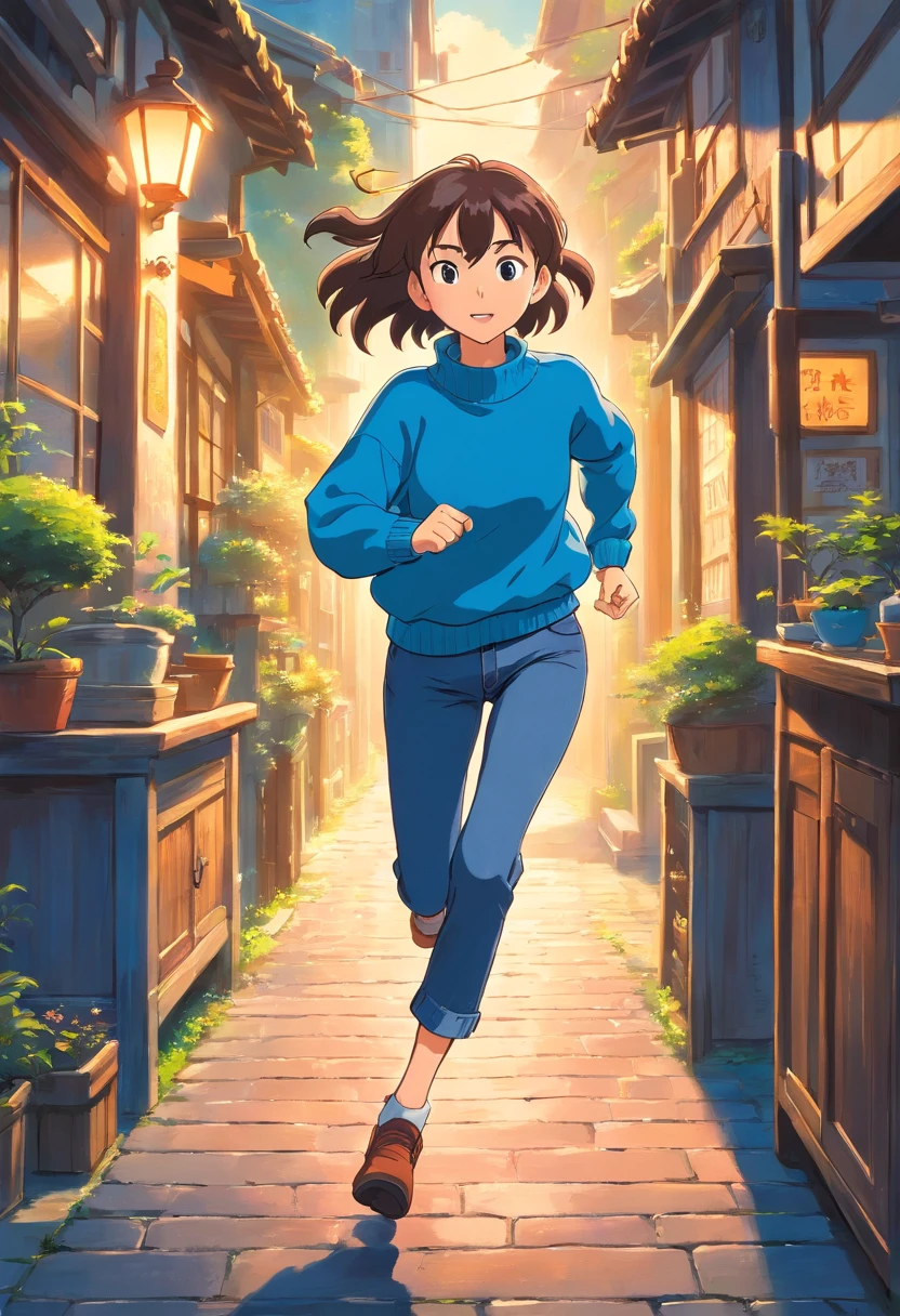 Girl in blue sweater running in jeans
