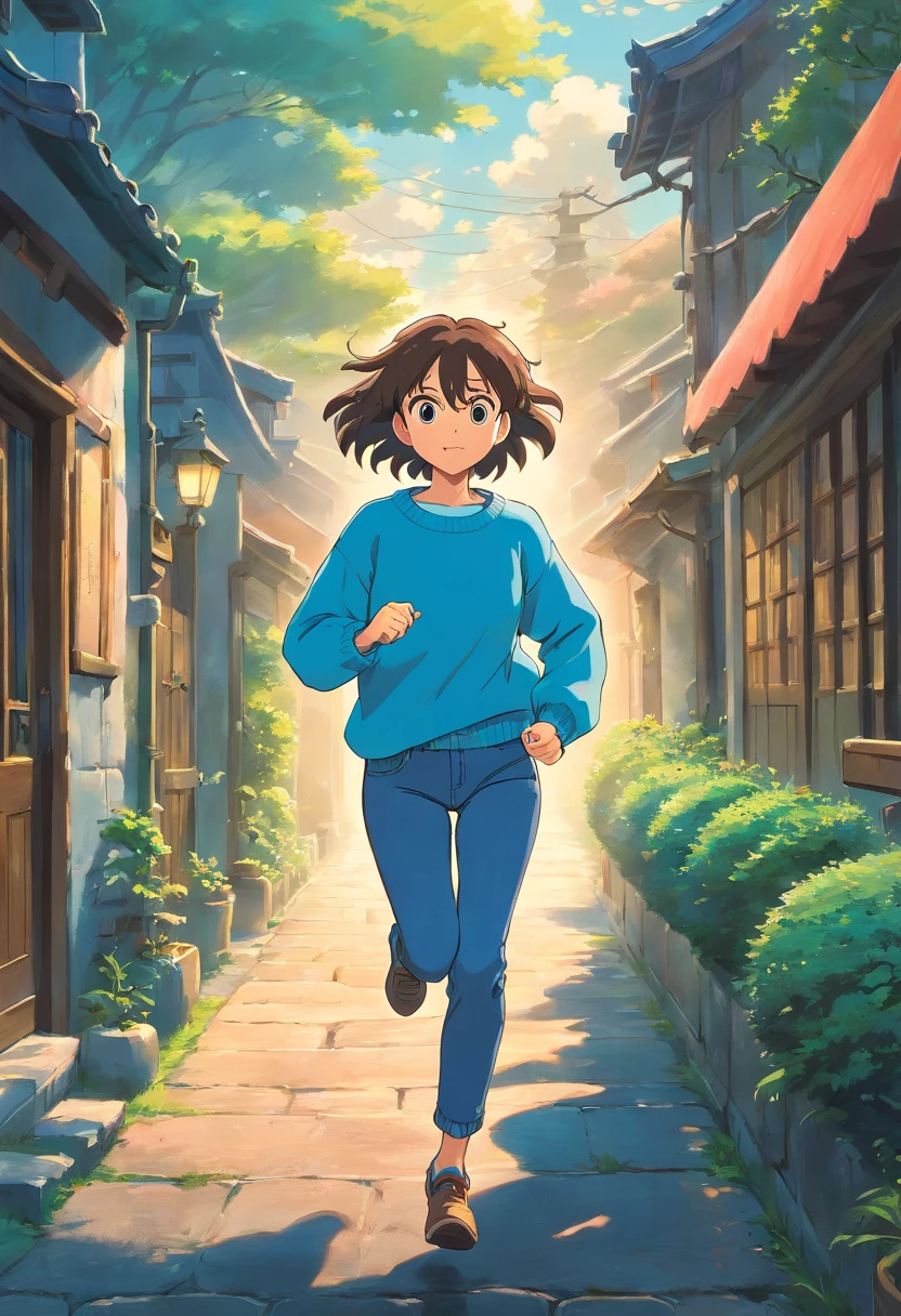 Girl in blue sweater running in jeans