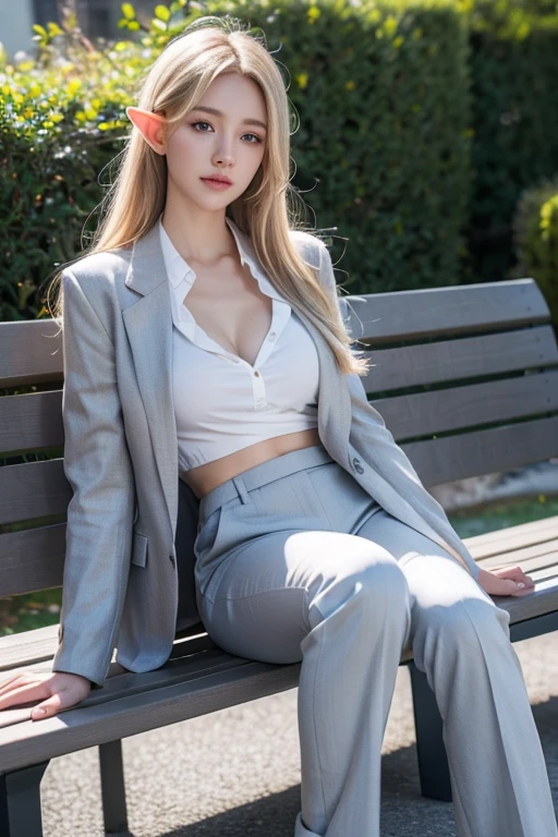 Elf beauty with elongated ears, big breasts, slender figure, slitted blue eyes, semi-long blond hair, grey jacket, white shirt, grey trousers, business suit, sitting on bright park bench, eating sandwich, resting, happy expression, only one person, full body portrait, full body photo  (8K, RAW shooting, top quality 1), (Real), ultra realistic, realistic capture, high detail, high resolution 16K human skin close-up Skin texture must be natural, pores so detailed that they can be finely identified Mix4, 20d, SOLO, full body, look-at viewer, (8K, RAW shooting, top quality 1), (Real) Photo 2), (Real Photo Realistic: 1.37), Professional Lighting, Photon Mapping, Radiosity, Physics-based rendering.