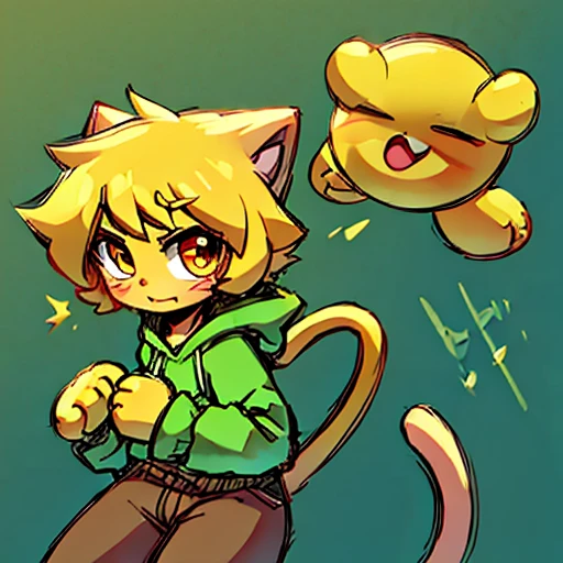 Yellow hair, Yellowish orange skin, green hoodie, brown pants, female, neco arc, cat