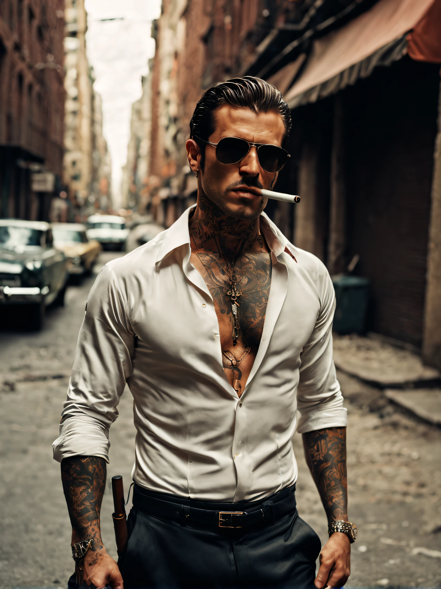 create an image of a handsome Italian man, good looking, elegant, brutal, fierce, intimidating, dressed in italian mafia style, taking off his shirt, has tattoos, standing holding a gun, smoking a cigarette. there is a mafia corpse on the ground in front. standing in the middle of a street in new york. 70's movie style, vintage color film