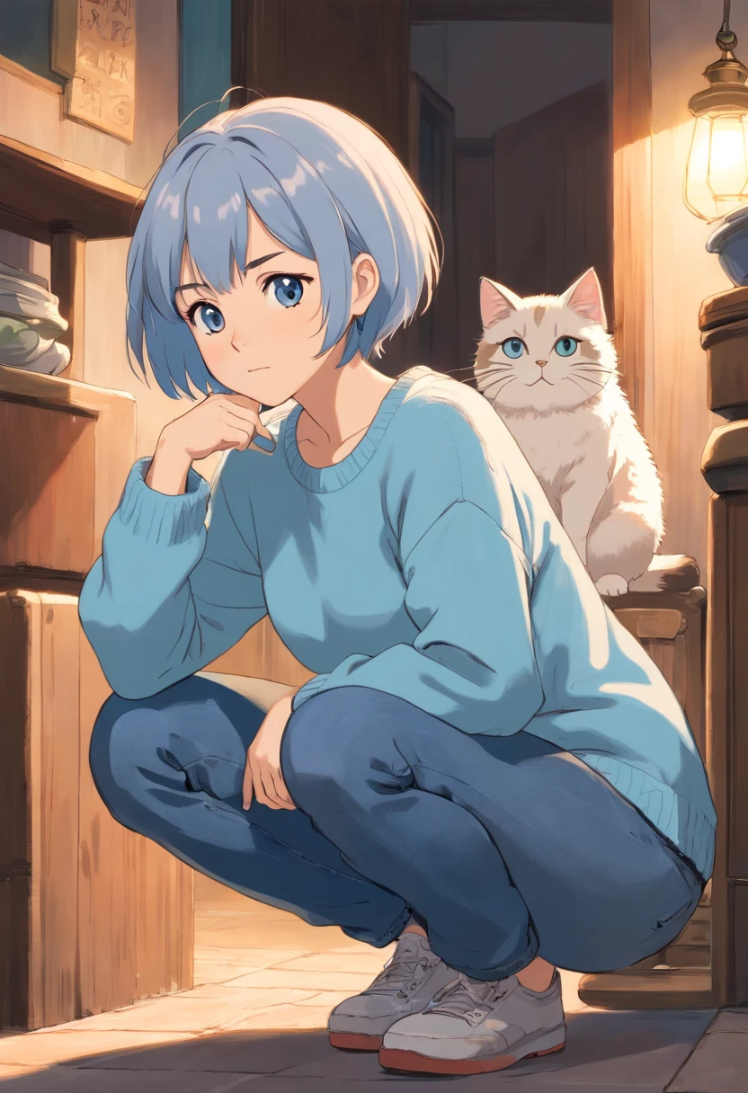 Short-haired girl in a light blue sweater and jeans squats and looks sideways at the cat