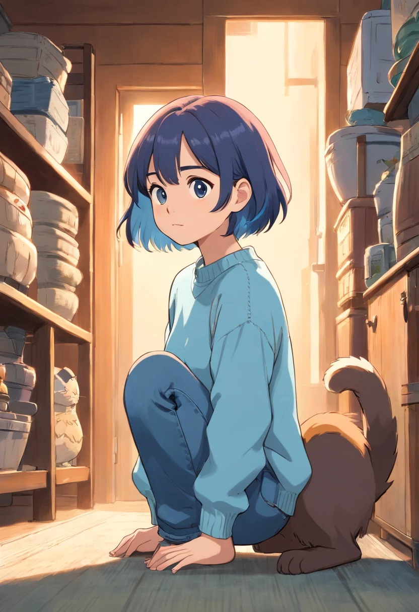 Short-haired girl in a light blue sweater and jeans squats and looks sideways at the cat