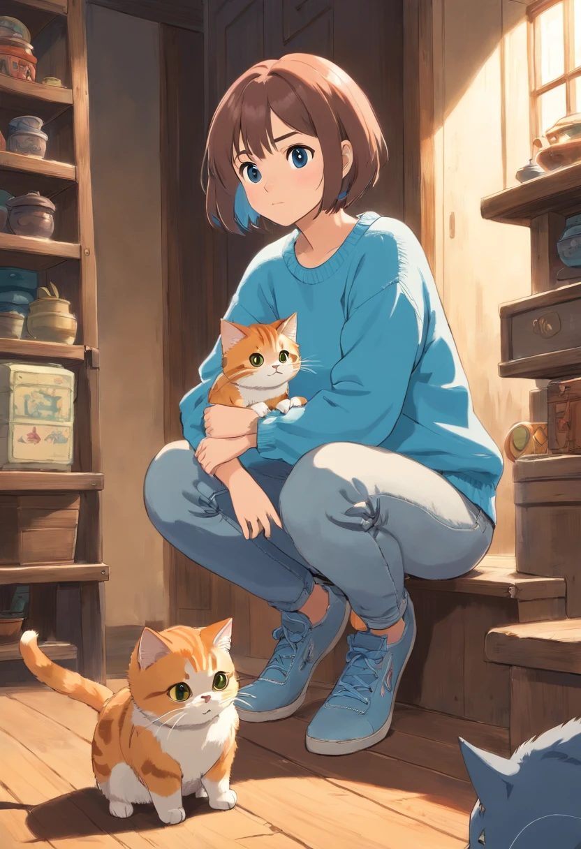 Short-haired girl in a light blue sweater and jeans squats and looks sideways at the cat