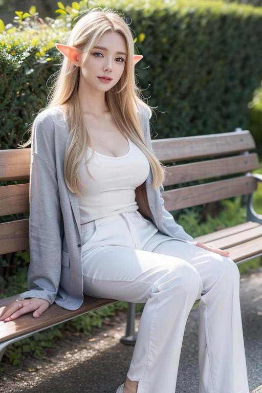 Elf beauty with elongated ears, big breasts, slender figure, slitted blue eyes, semi-long blond hair, grey jacket, white shirt, grey trousers, sitting on bright park bench, eating sandwich, resting, happy expression, only one person, full body portrait, full body photo, ultra realistic, Realistic capture, high detail, high resolution 16K human skin close-up Skin texture must be natural, pores so detailed that they can be finely identified, Mix4, 20d, SOLO, full body, look-at viewer, (8K, RAW capture, finest 1), (Real Photo 2) Real Photo Realistic: 1.37), professional lighting, photon mapping, radiosity, physics-based rendering.