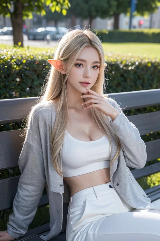 Elf beauty with elongated ears, big breasts, slender figure, slitted blue eyes, semi-long blond hair, grey jacket, white shirt, grey trousers, sitting on bright park bench, eating sandwich, resting, happy expression, only one person, full body portrait, full body photo, ultra realistic, Realistic capture, high detail, high resolution 16K human skin close-up Skin texture must be natural, pores so detailed that they can be finely identified, Mix4, 20d, SOLO, full body, look-at viewer, (8K, RAW capture, finest 1), (Real Photo 2) Real Photo Realistic: 1.37), professional lighting, photon mapping, radiosity, physics-based rendering.