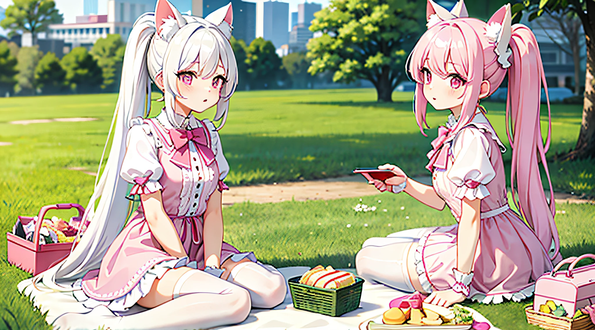 white color hair,Long hair and double ponytail,beast ear,pink lolita outfit,Picnic in the park,Wearing white stockings,a pink eyes