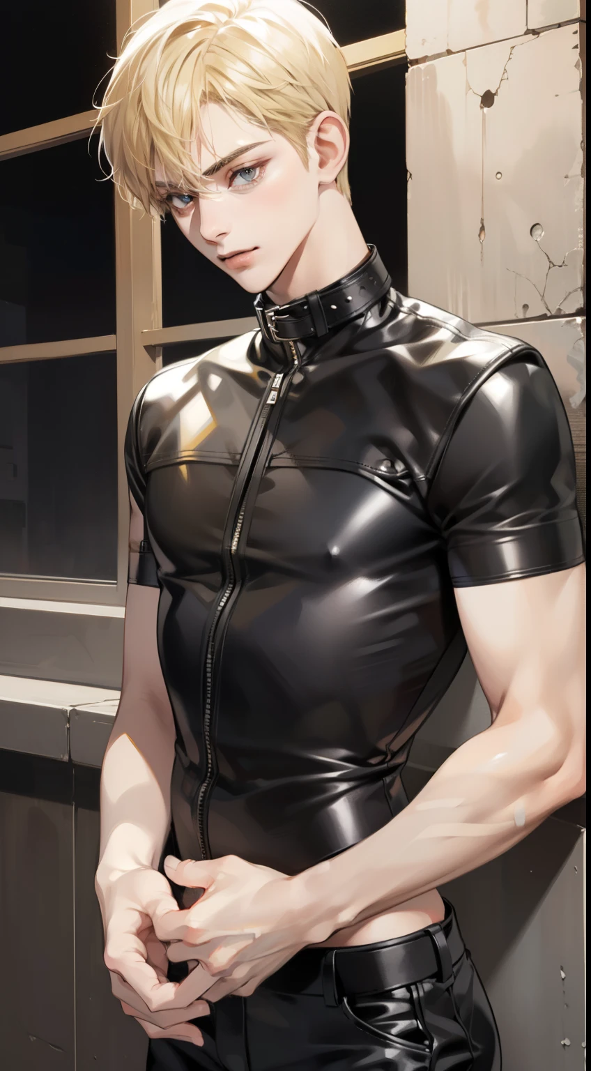 masutepiece, high-level image quality, Beautiful One Boy, ((holding a collar in hand), Upper body naked, Black leather long pants, twinks, Blonde Shorthair,