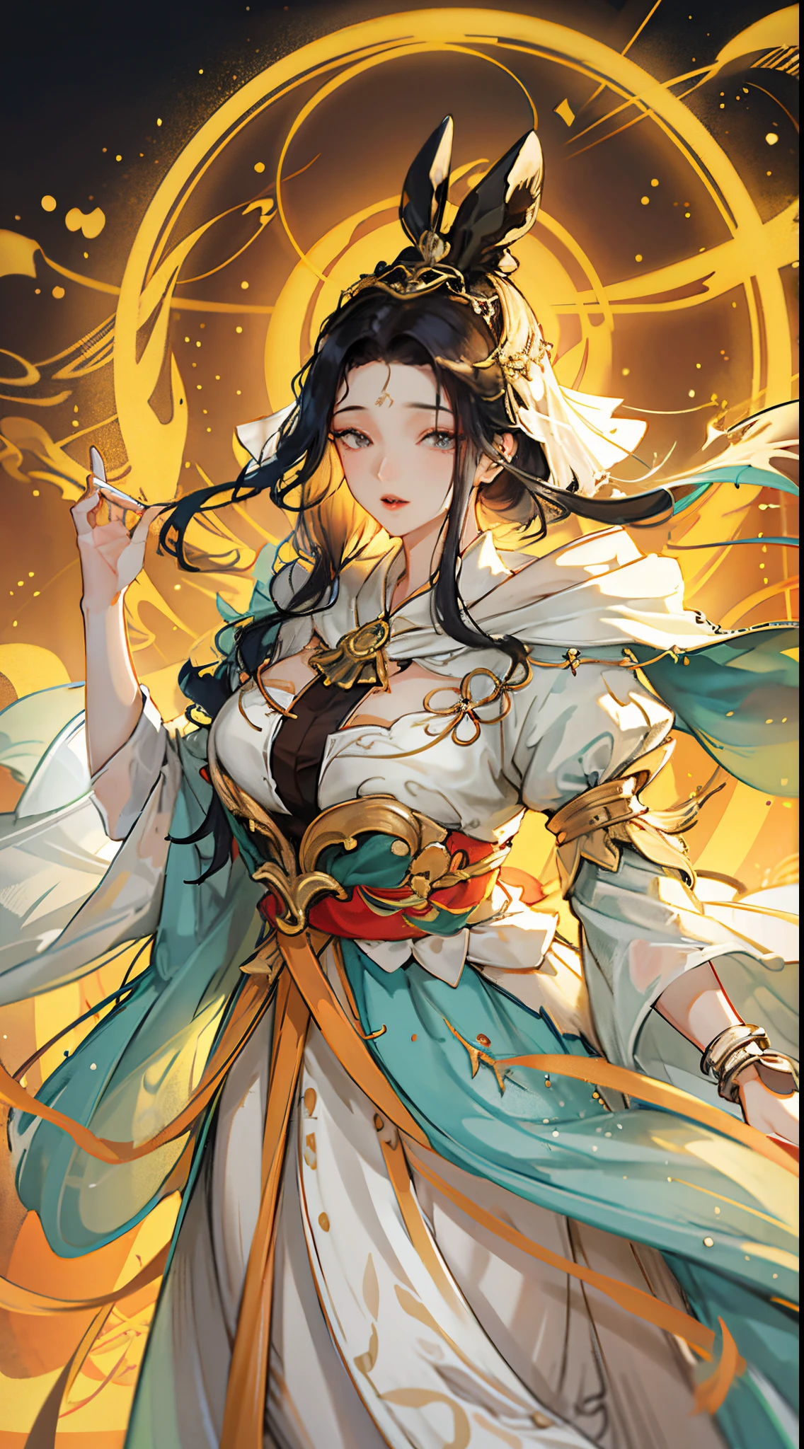 (tmasterpiece,top-quality,Best quality,offcial art,Beauty and aesthetics:1.2),(1 plump girl),The content is very detailed,(s fractal art:1.3),rich colourful,highest details,It's a perfect face,Upper part of the body,HighDynamicRange,(pray:1.3),(white cloak golden lines:1.2),galaxias,(luminance),striking visual effects,(dynamic streaks,Luminous trajectory:1.2),Vibrant colors,cabelos preto e longos