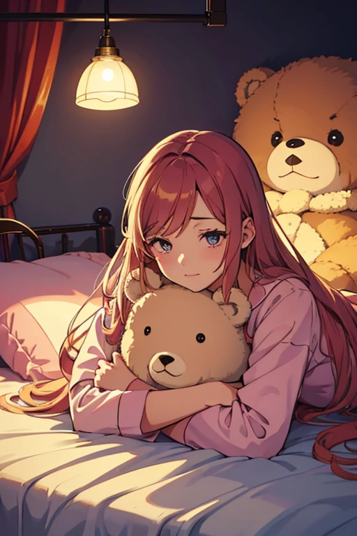 One girl, pajamas, lying, cute, beautiful hair. A sleepy face, a happy dream, next to a cute bear doll, and only the light of a lamp in the room. Illustration with fancy atmosphere