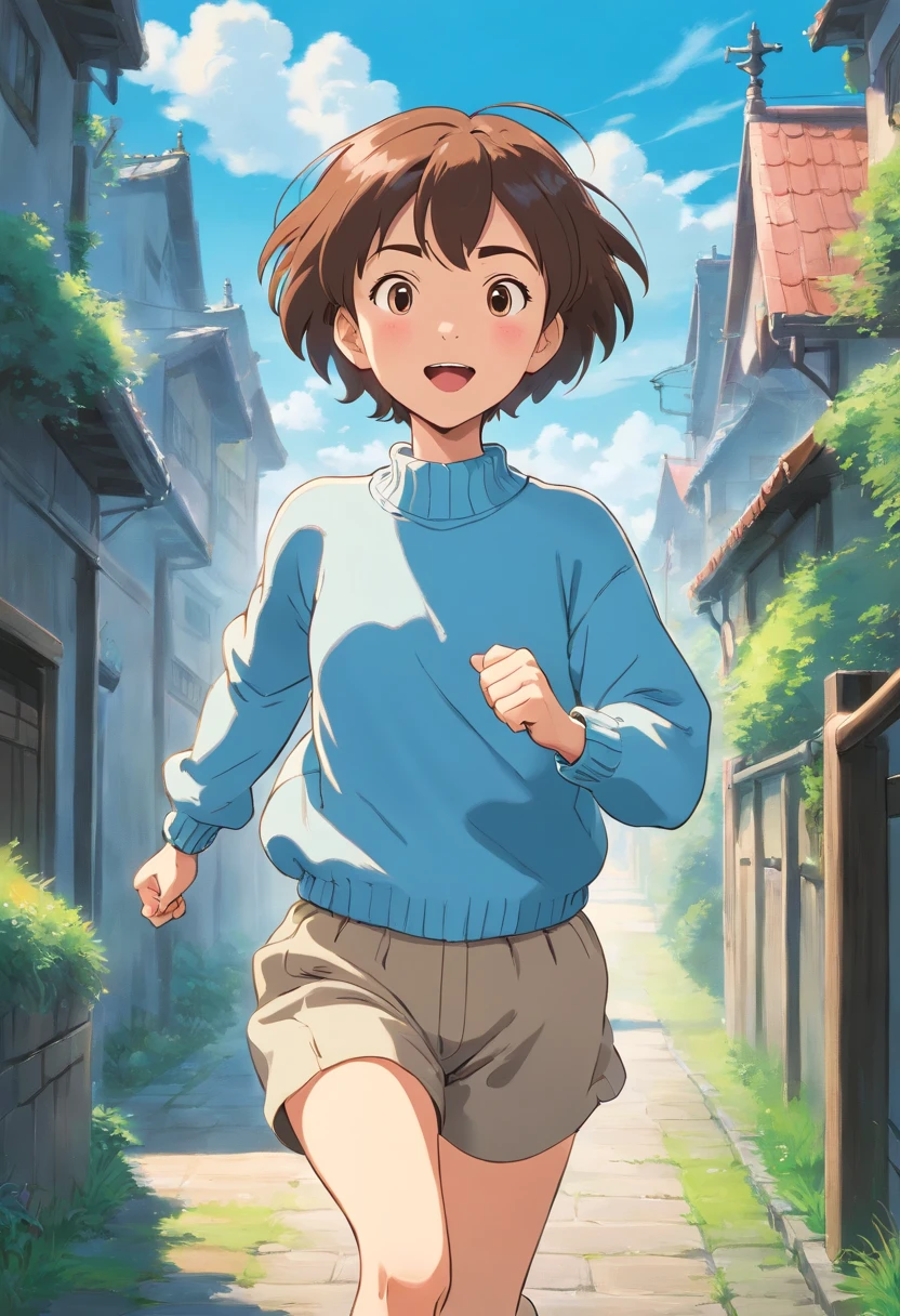 Short-haired girl in light blue sweater runs happily