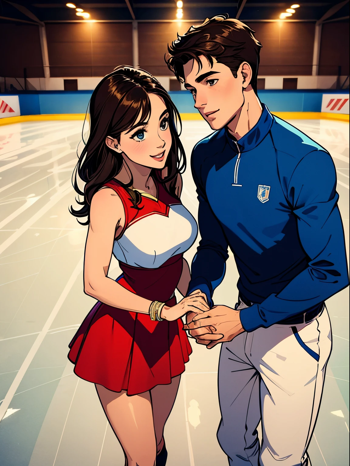 couple inside of ice skating rink, brunette girl, upclose, brunette guy, holding hands, both boy and girl in picture, happy couple, romantic vibes, human like drawing, good high quality, amazing quality, great quality, guy in hockey uniform, guy in jersey, guy in football jersey, better quality, distinguishable line art, not blurry, no bangs