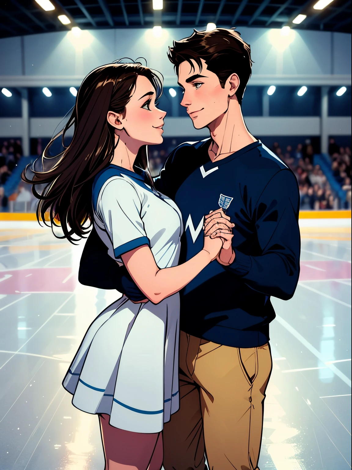 couple inside of ice skating rink, brunette girl, upclose, brunette guy, holding hands, both boy and girl in picture, happy couple, romantic vibes, human like drawing, good high quality, amazing quality, great quality, guy in hockey uniform, guy in jersey, guy in football jersey, better quality, distinguishable line art, not blurry, no bangs