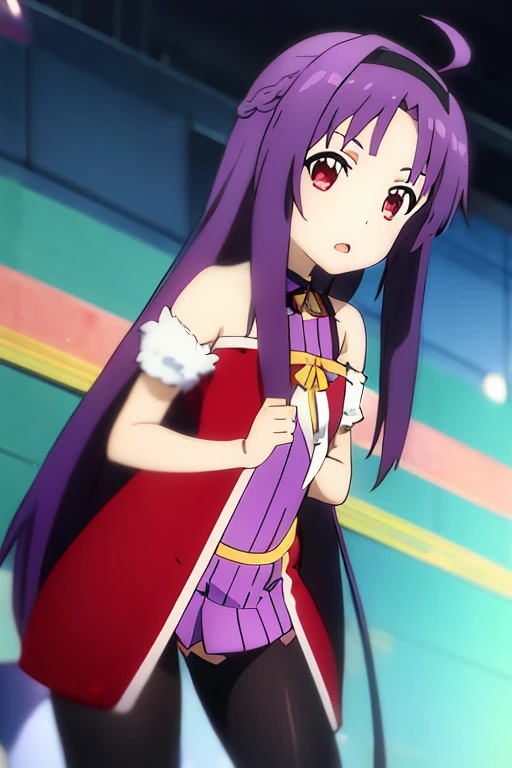 Yuki、Anime Art Style、女の子 1 人、独奏、Longhaire、looking looking at viewer、Opening Mouth、red eyes、bare shoulders、Very long hair、The upper part of the body、purple color hair、Ahoge、shairband、校服、Black tights、head band、red hairband