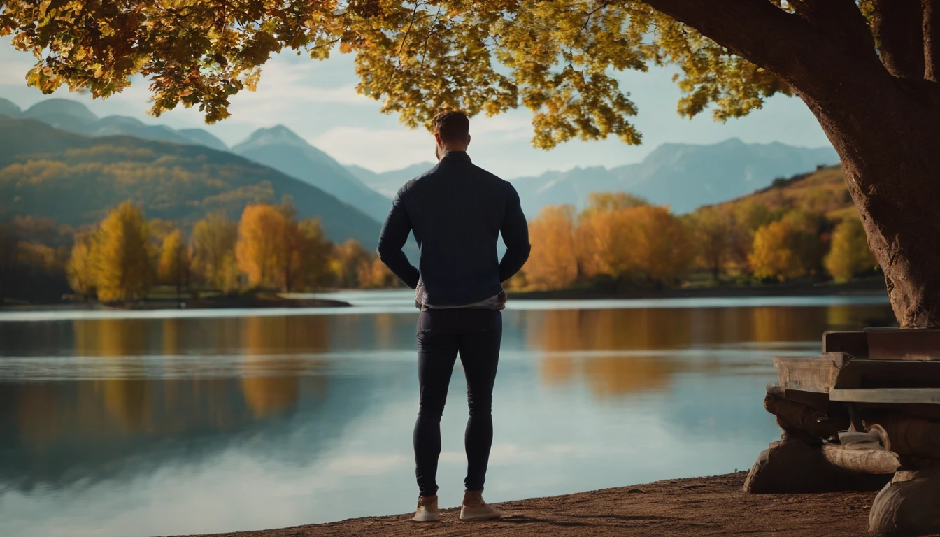 handsome young adult man,musculous,In a park with mountains and water